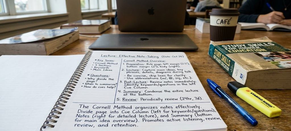 Student notebook showing the Cornell Method with structured notes, cues, and summary sections.