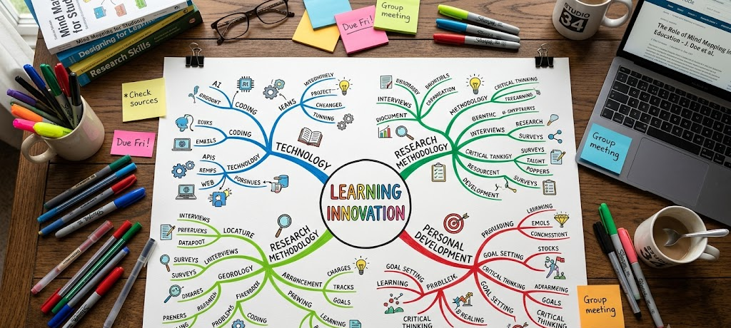 Colorful mind map diagram showing connected ideas branching from a central topic on a study desk.