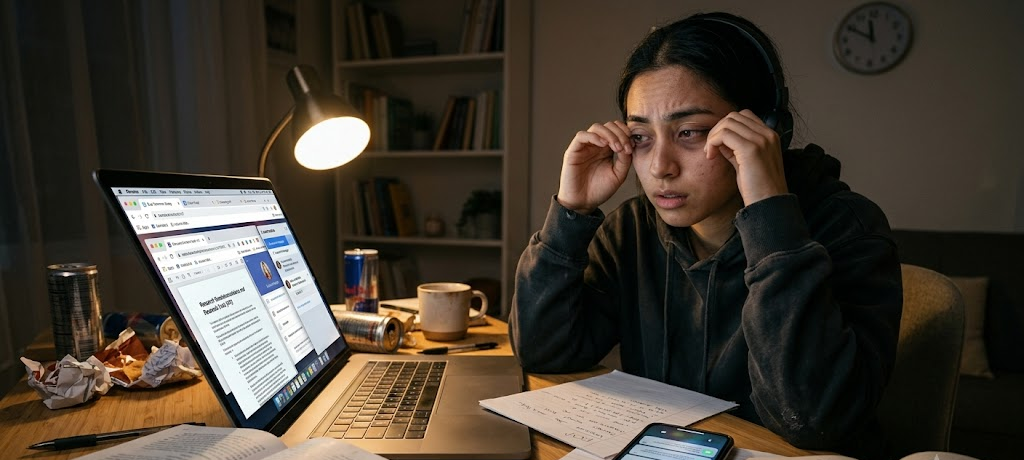 Student feeling stressed and distracted while studying online late at night
