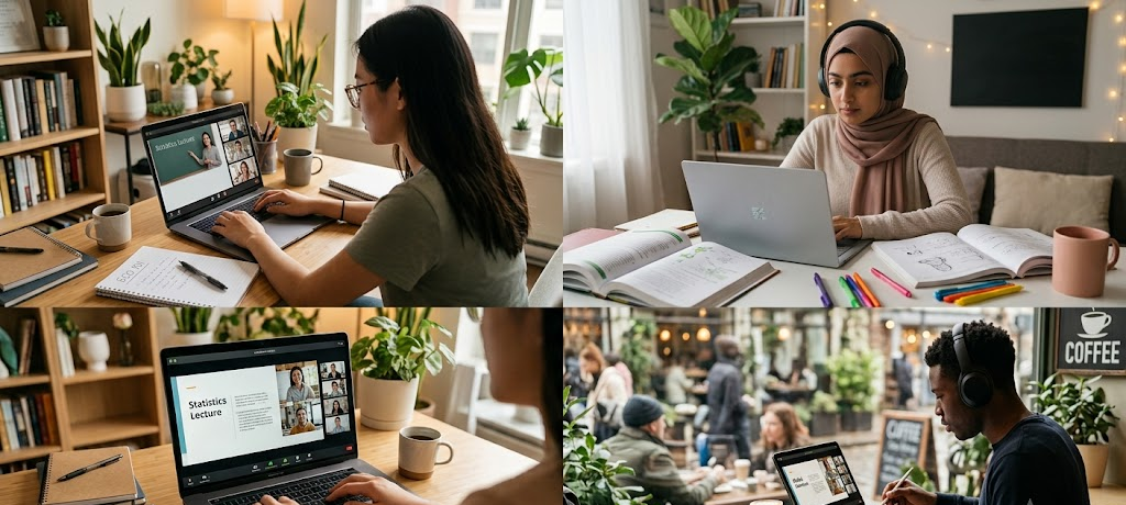 Student attending an online class from home using a laptop and taking notes