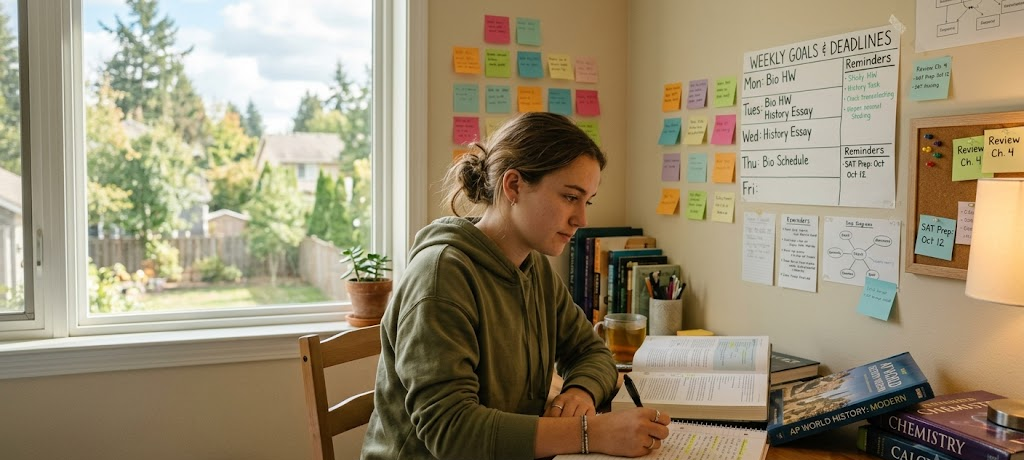 Teen student studying with textbooks and notes in a quiet room with natural light