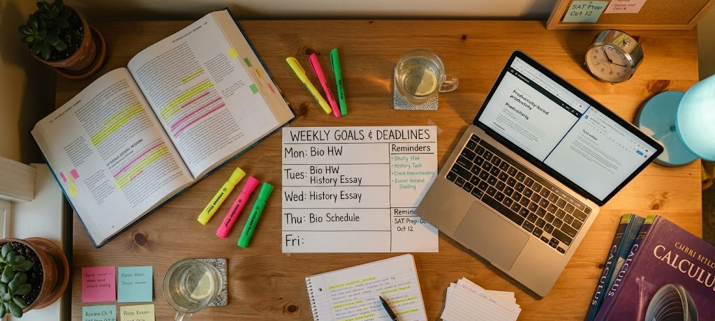 Organized study desk with timetable, books, and laptop showing effective study routine