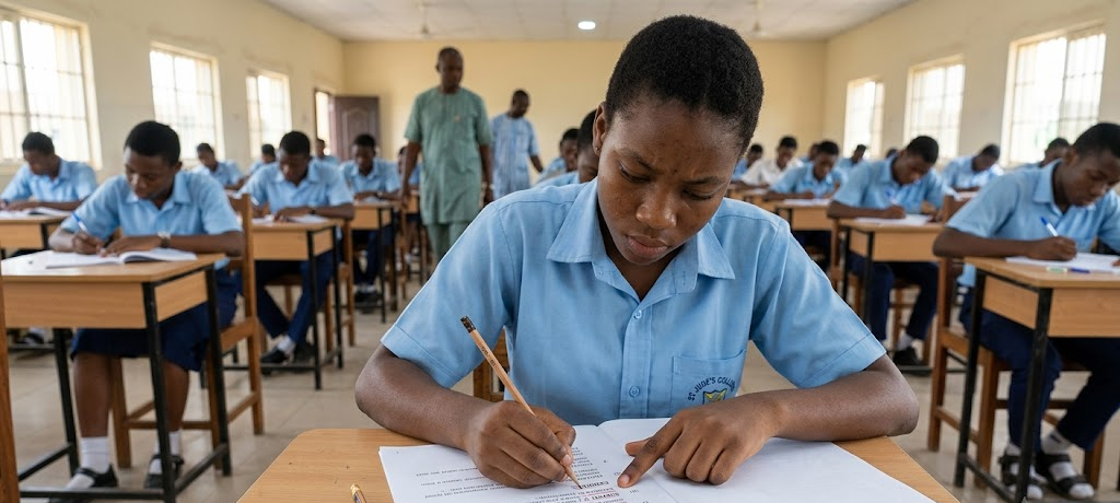 Student carefully reading and analyzing WAEC examination questions before answering