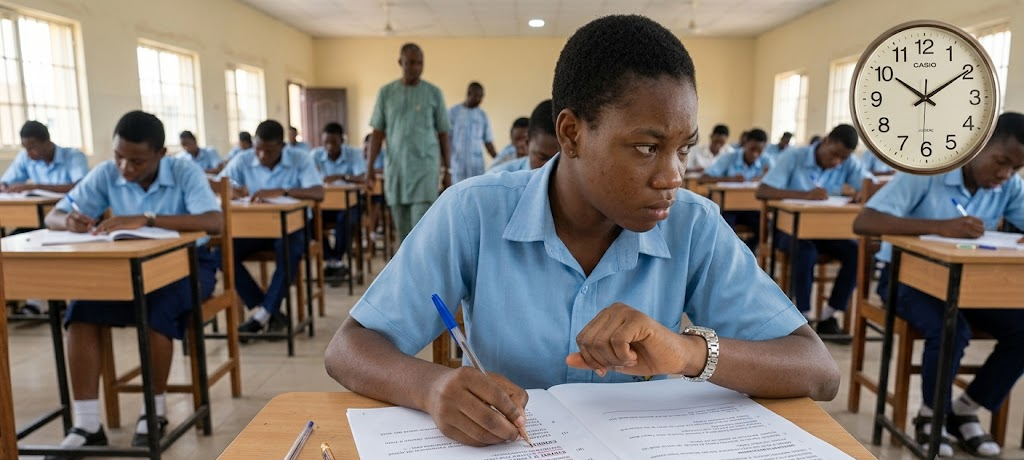 Student managing time during an examination using a clock while writing answers