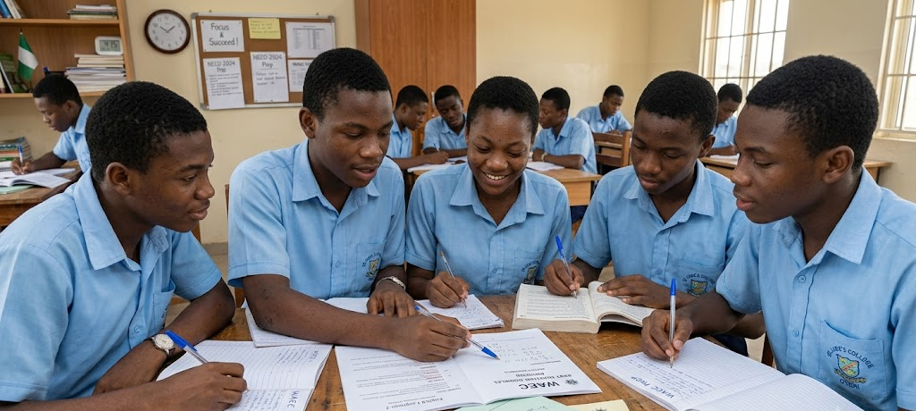 Students studying together and practicing past questions for WAEC and NECO exams