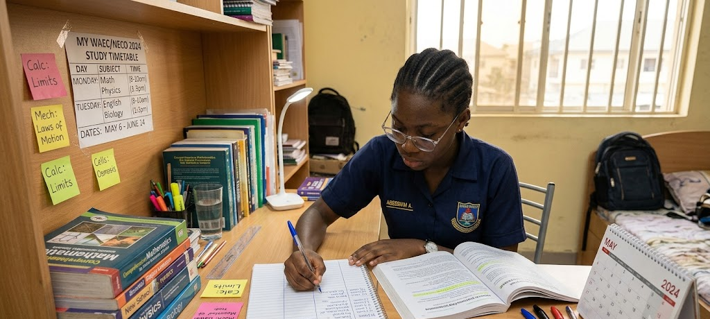 Student creating a study timetable for effective WAEC and NECO exam preparation