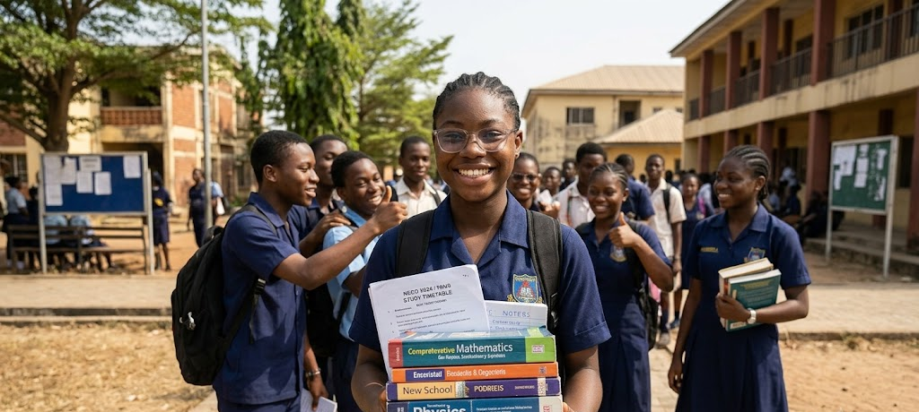 Confident Nigerian student celebrating success after preparing for WAEC and NECO exams