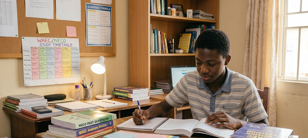 Student studying in a quiet home environment for WAEC and NECO exams