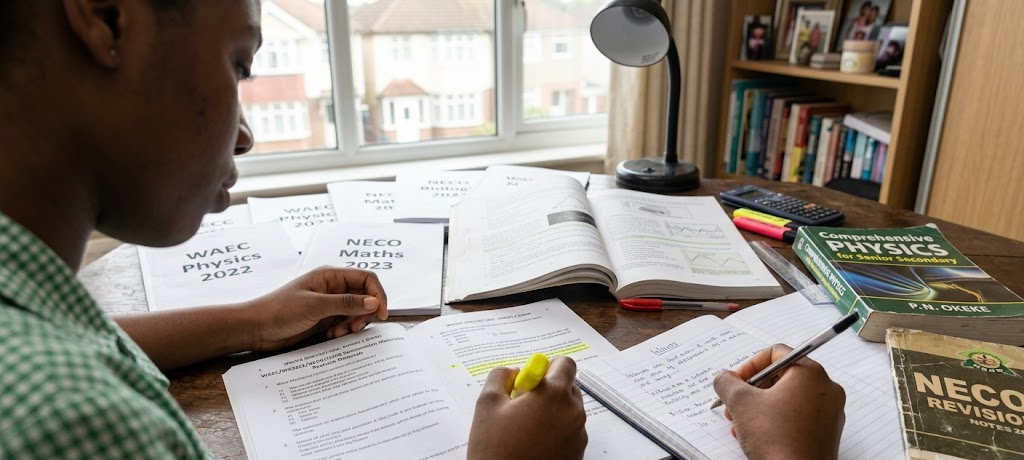 Student practicing WAEC and NECO past examination questions during exam preparation