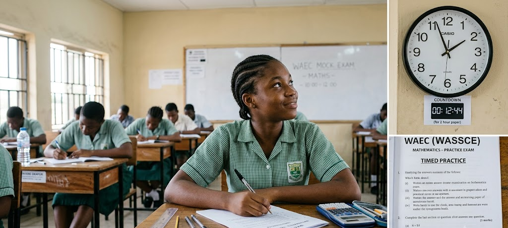 Student practicing timed exam questions to improve speed and confidence for WAEC and NECO