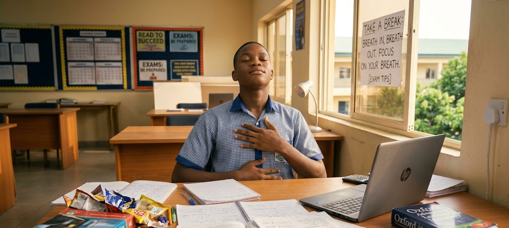 How to Overcome Examination Anxiety and Build Confidence Before Exams 3 Student practicing deep breathing relaxation techniques during exam preparation