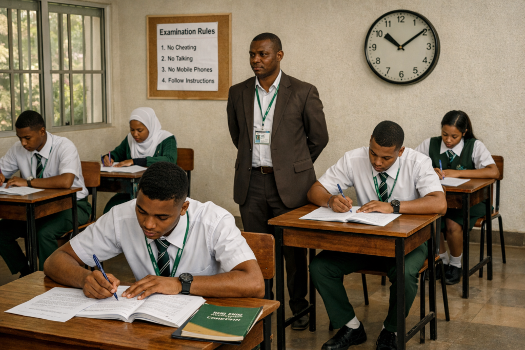 Essential Exam Day Tips Every WAEC and NECO Candidate Should Know 4 Students writing WAEC and NECO exams calmly in a supervised examination hall