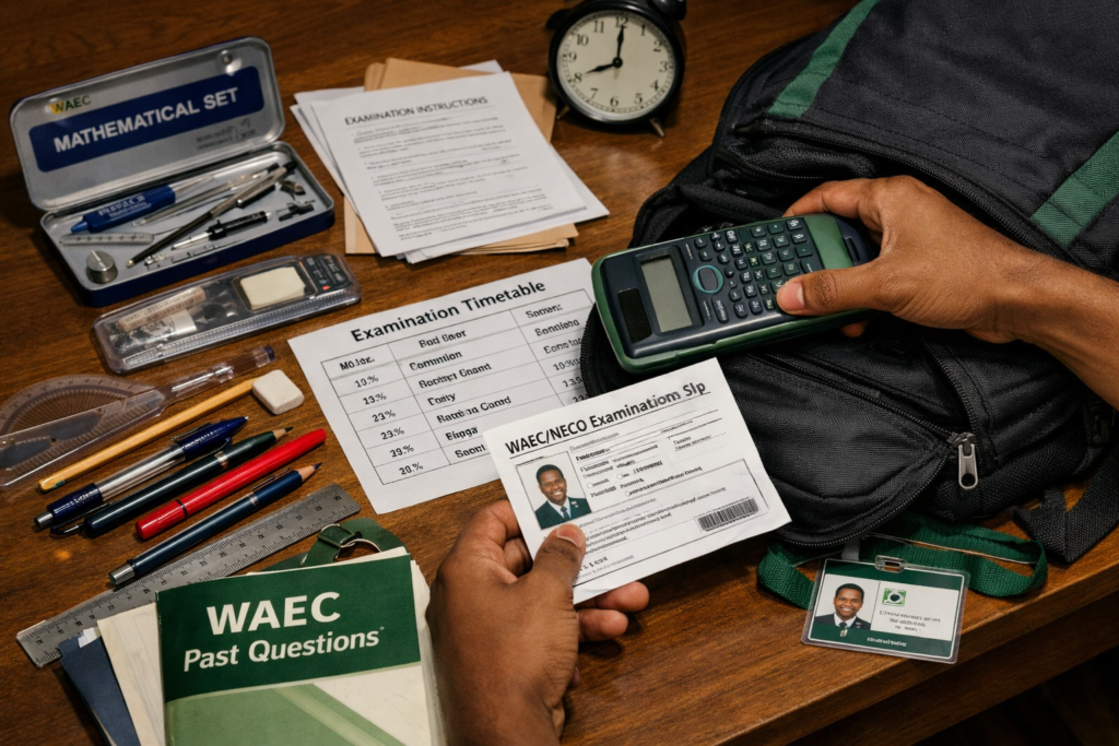 Essential Exam Day Tips Every WAEC and NECO Candidate Should Know 2 Student arranging WAEC and NECO examination materials before exam day