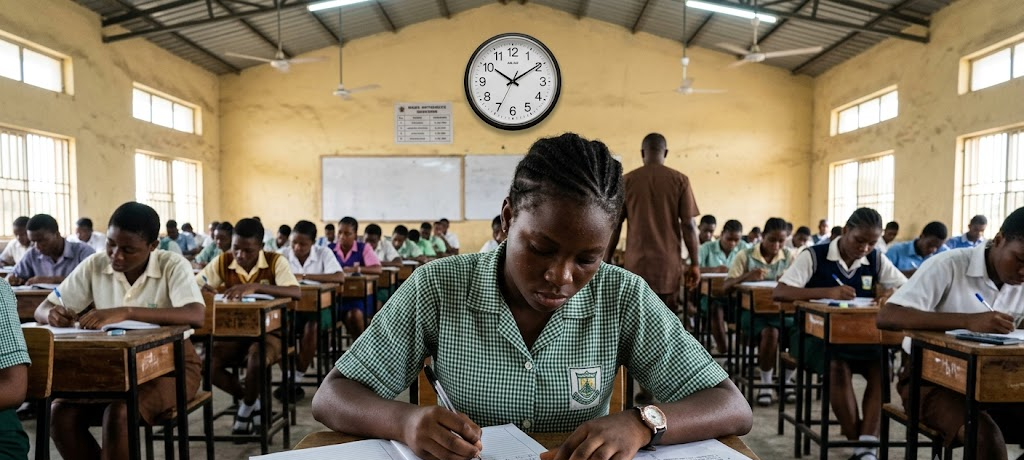 Essential Exam Day Tips Every WAEC and NECO Candidate Should Know 3 Student managing time while writing WAEC or NECO examination in a classroom hall