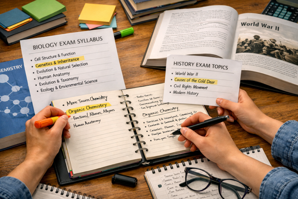 Student reviewing subjects and planning study priorities before exams