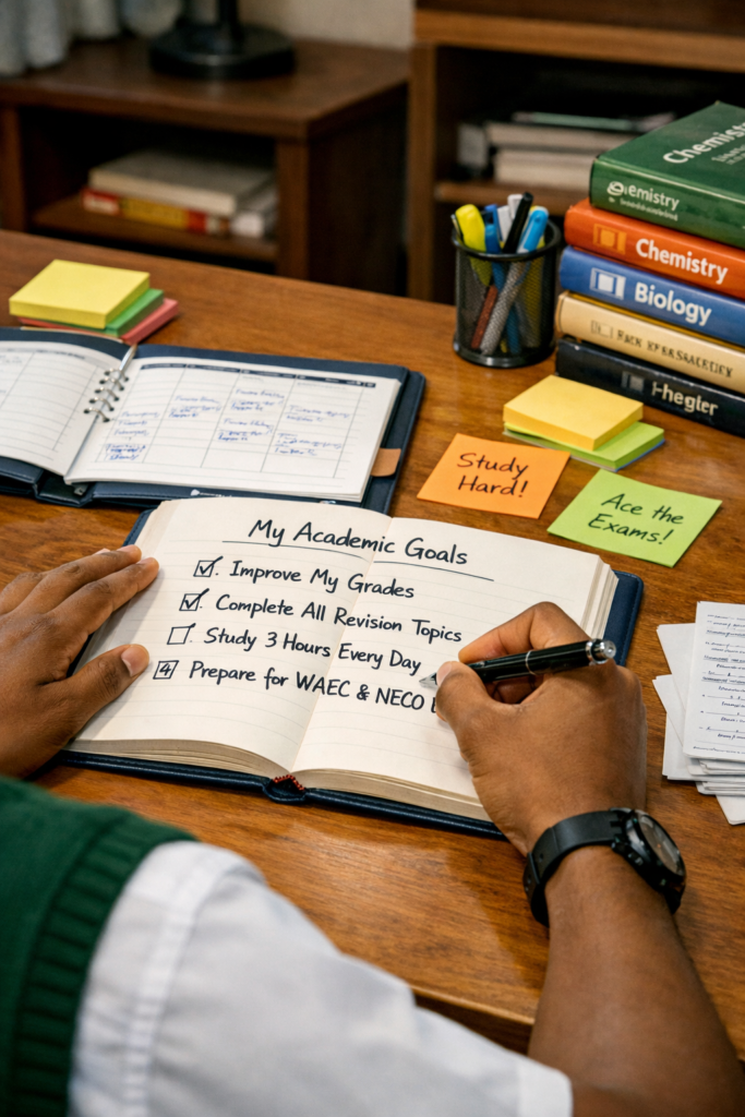 Student writing academic goals and study plans for WAEC and NECO examination preparation