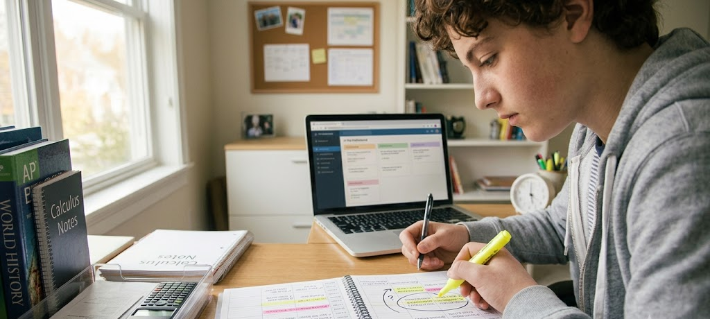 How to Create a Personalized Study Timetable That Improves Academic Performance 2 Student evaluating daily routine and planning study hours with a schedule planner