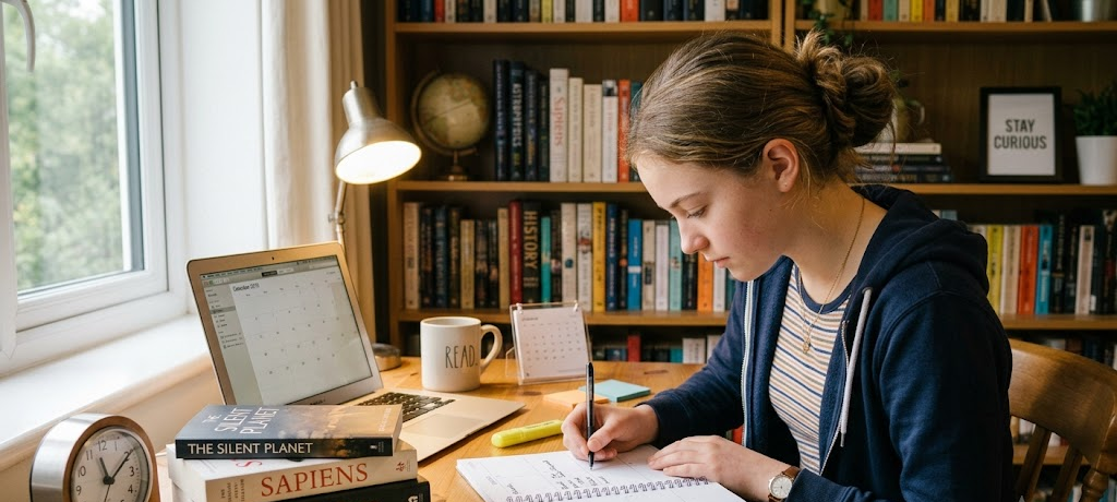 How to Develop Strong Reading Habits That Support Lifelong Learning 2 Student planning a daily reading routine with books and a study schedule