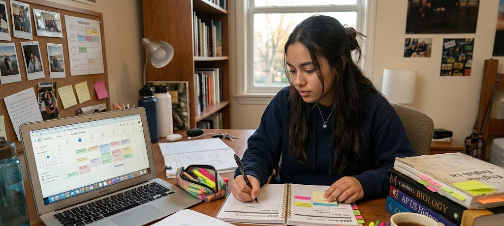 How to Balance School, Work, and Personal Life Without Feeling Overwhelmed 2 Student planning a weekly schedule with a calendar for better time management