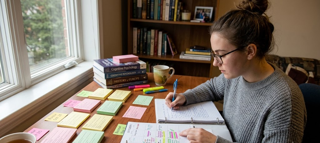 How to Use Memory Techniques to Remember What You Study for Longer 2 Student practicing spaced repetition with flashcards and a study schedule for better memory retention