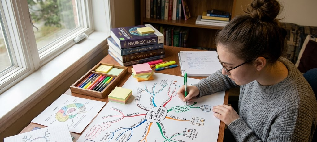 How to Use Memory Techniques to Remember What You Study for Longer 3 Student creating a mind map using mnemonics and visualization techniques to remember study information