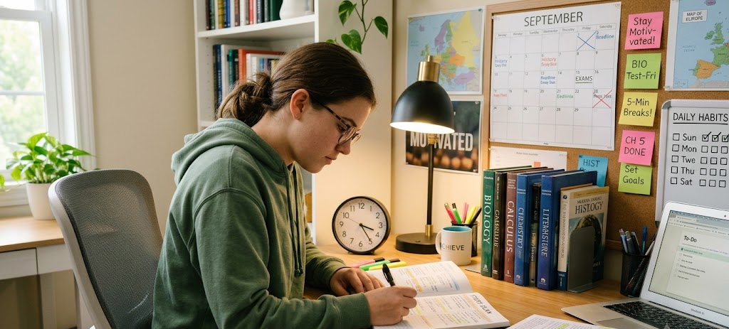 How to Stay Motivated Throughout the Academic Year Even When Studies Become Difficult 3 Student using a planner and study routine to improve motivation and academic productivity