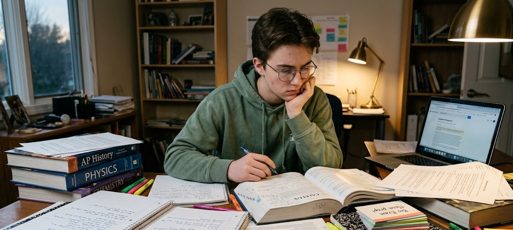 How to Stay Motivated Throughout the Academic Year Even When Studies Become Difficult 2 Student experiencing academic pressure while studying for exams and managing school workload