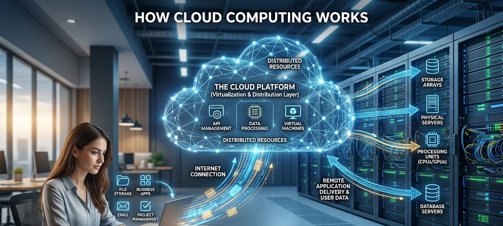 Realistic illustration showing how users connect to cloud computing servers through the internet