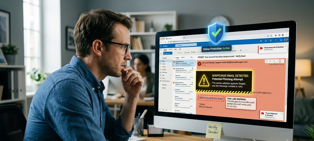 Computer screen showing a suspicious phishing email warning and cybersecurity threat alert