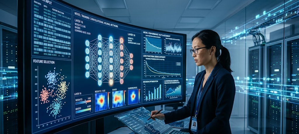 Machine learning and artificial intelligence systems analyzing data through advanced algorithms