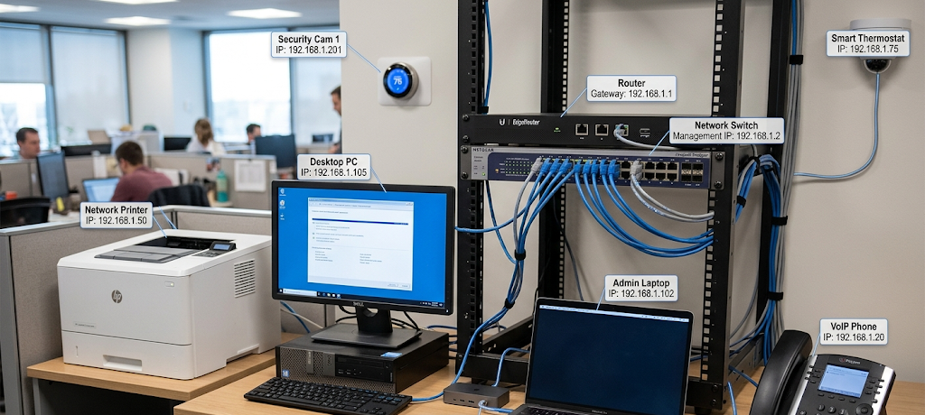 A Beginner’s Guide to Computer Networking: Understanding How Devices Communicate 3 Office network showing IP addresses, routers, switches, and connected devices
