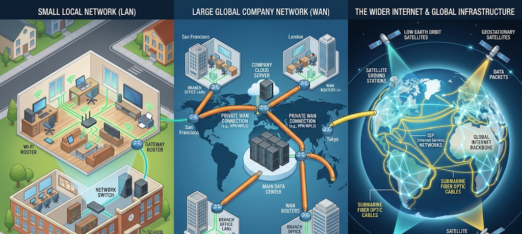 A Beginner’s Guide to Computer Networking: Understanding How Devices Communicate 4 Comparison of LAN and WAN networks showing local and global device connections
