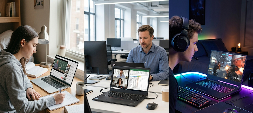 How to Choose the Right Laptop for Work, School, or Gaming: A Complete Buying Guide 2 Different laptop users choosing devices for school, work, and gaming needs