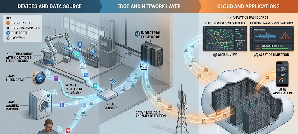 Understanding the Internet of Things (IoT): Benefits, Challenges, and Future Trends 2 Visualization of IoT devices communicating through sensors, wireless networks, cloud computing, and data processing systems.