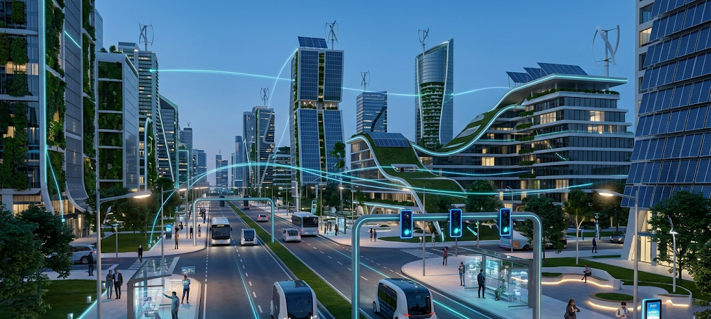 Understanding the Internet of Things (IoT): Benefits, Challenges, and Future Trends 5 Futuristic smart city using IoT technology with autonomous vehicles, connected infrastructure, AI systems, and digital networks.