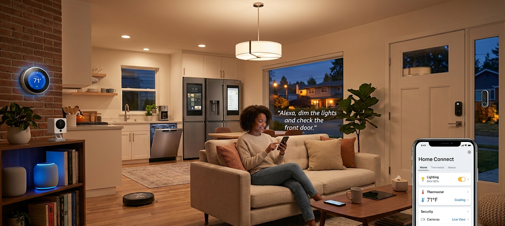Understanding the Internet of Things (IoT): Benefits, Challenges, and Future Trends 3 Modern smart home with connected IoT devices including smart lights, thermostat, security cameras, and automated appliances.