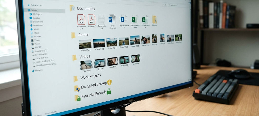 Computer file system showing organized folders, storage devices, and data security features