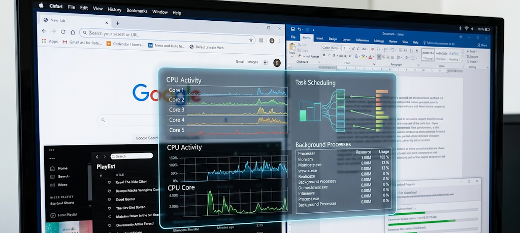 Computer running multiple applications to demonstrate operating system process management and multitasking