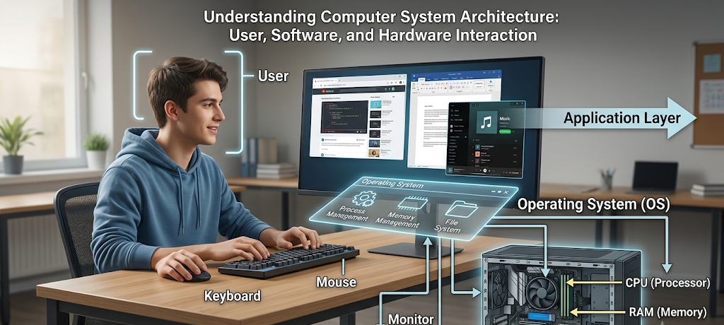 Diagram showing how an operating system connects users, applications, and computer hardware