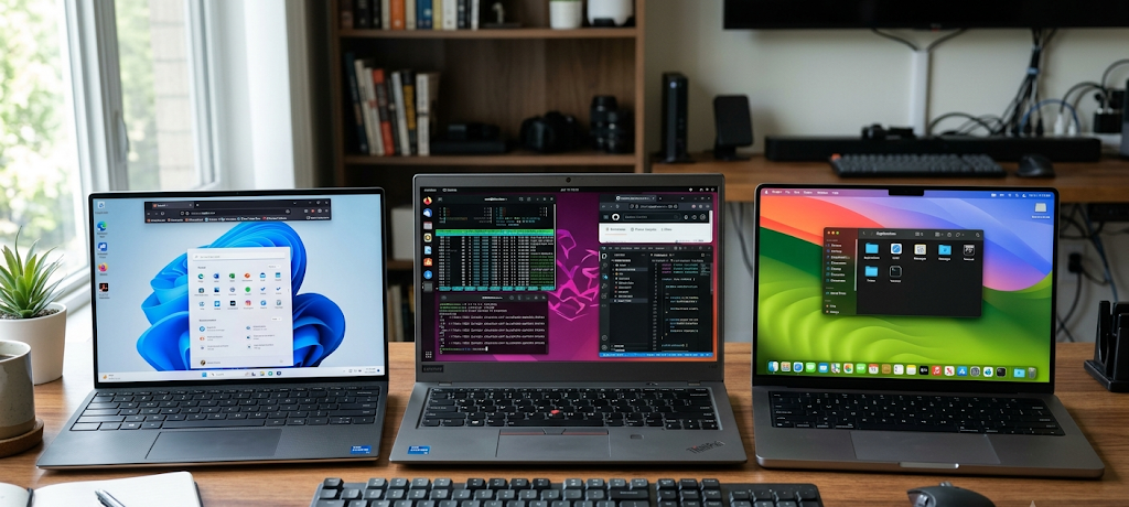 Comparison of Windows, Linux, and macOS operating system interfaces on computers