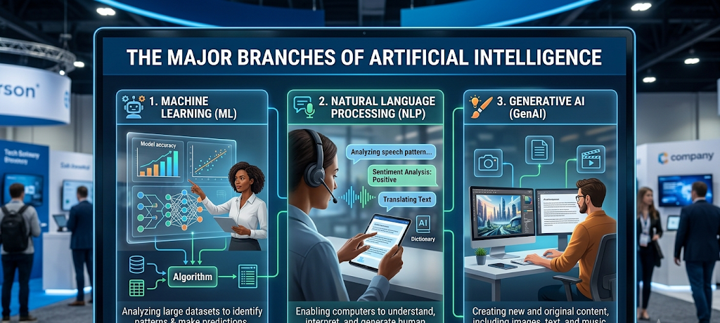 Three major branches of artificial intelligence including machine learning, NLP, and generative AI