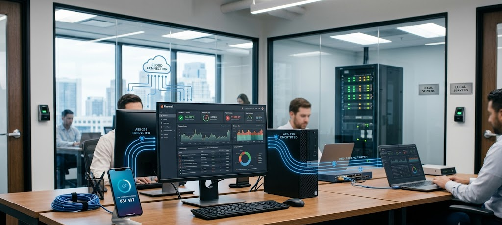 Firewall, encryption, and multi-factor authentication protecting a business network from cyber threats.