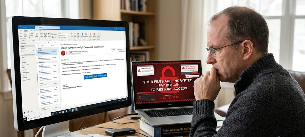 Computer displaying phishing emails, malware alerts, and ransomware warnings during a cybersecurity attack.