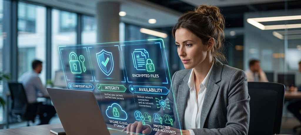 Business professional accessing secure digital systems protected by confidentiality, integrity, and availability principles.