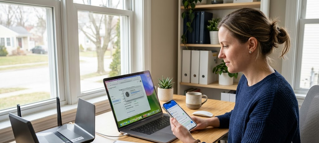 Person practicing safe online habits by updating software, using a password manager, and securing personal accounts.