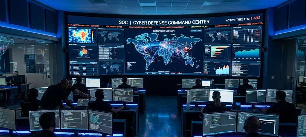 Cybersecurity analysts monitoring global network security threats in a modern security operations center.