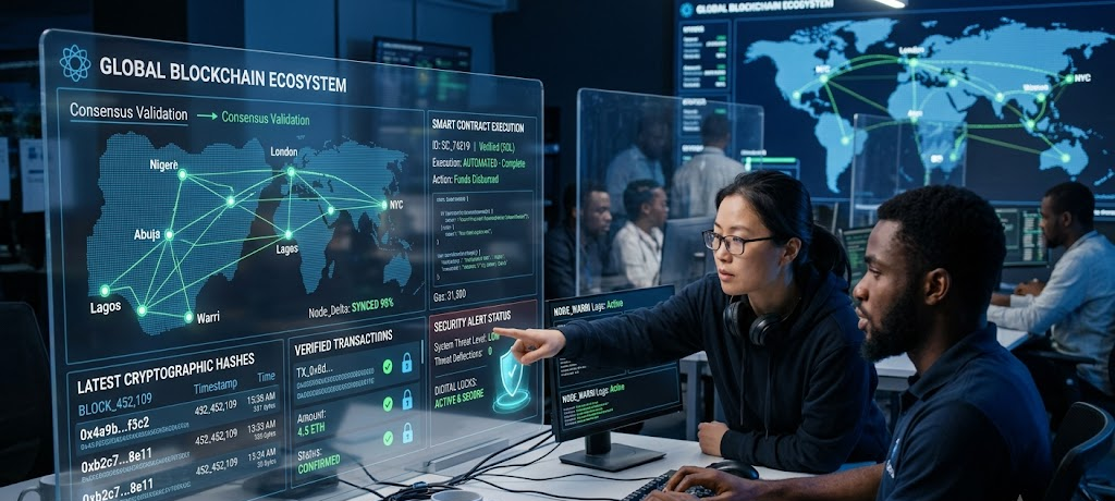 How Blockchain Technology Works and Why It Matters Beyond Cryptocurrency 3 Blockchain security dashboard displaying decentralization, consensus mechanisms, cryptographic hashes, and smart contract execution.