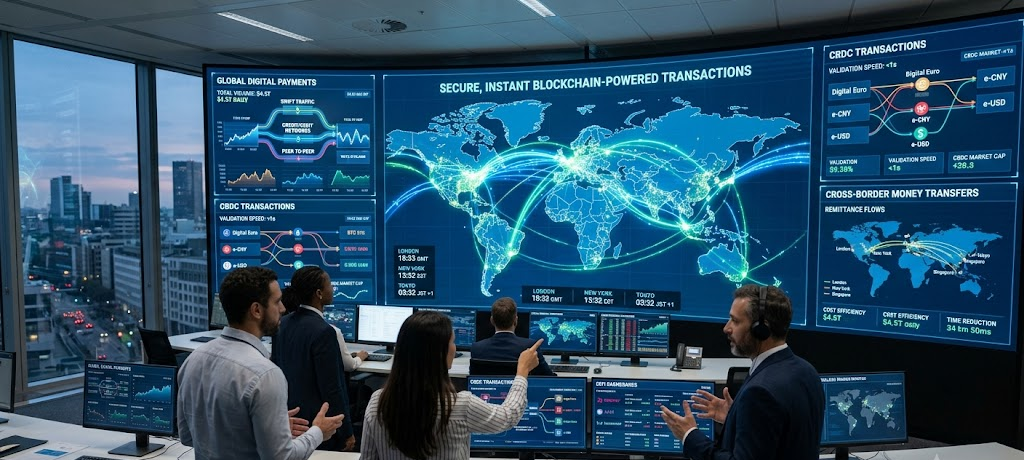 How Blockchain Technology Works and Why It Matters Beyond Cryptocurrency 5 Global blockchain-powered financial network supporting decentralized finance, CBDCs, and secure cross-border digital payments.