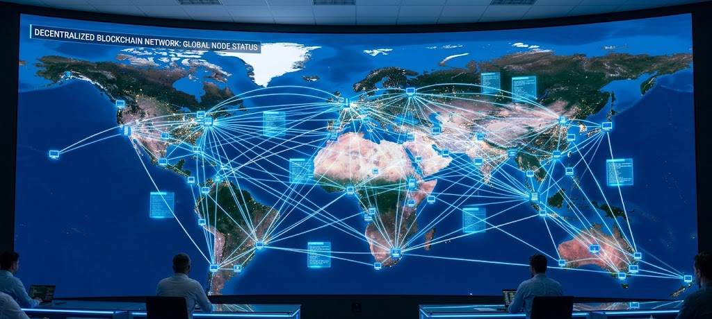 How Blockchain Technology Works and Why It Matters Beyond Cryptocurrency 2 Distributed blockchain ledger showing interconnected computers sharing synchronized transaction records without a central server.