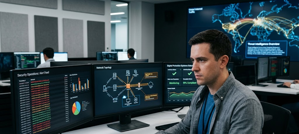Step-by-Step Guide to Building a Successful Career in Information Technology 3 Cybersecurity professional monitoring digital systems and protecting networks from cyber threats.